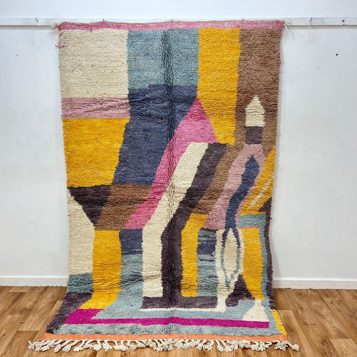 Vintage Moroccan Wool Rug 192 – handmade pink, yellow, and brown abstract Moroccan wool rug (241 × 157 cm).