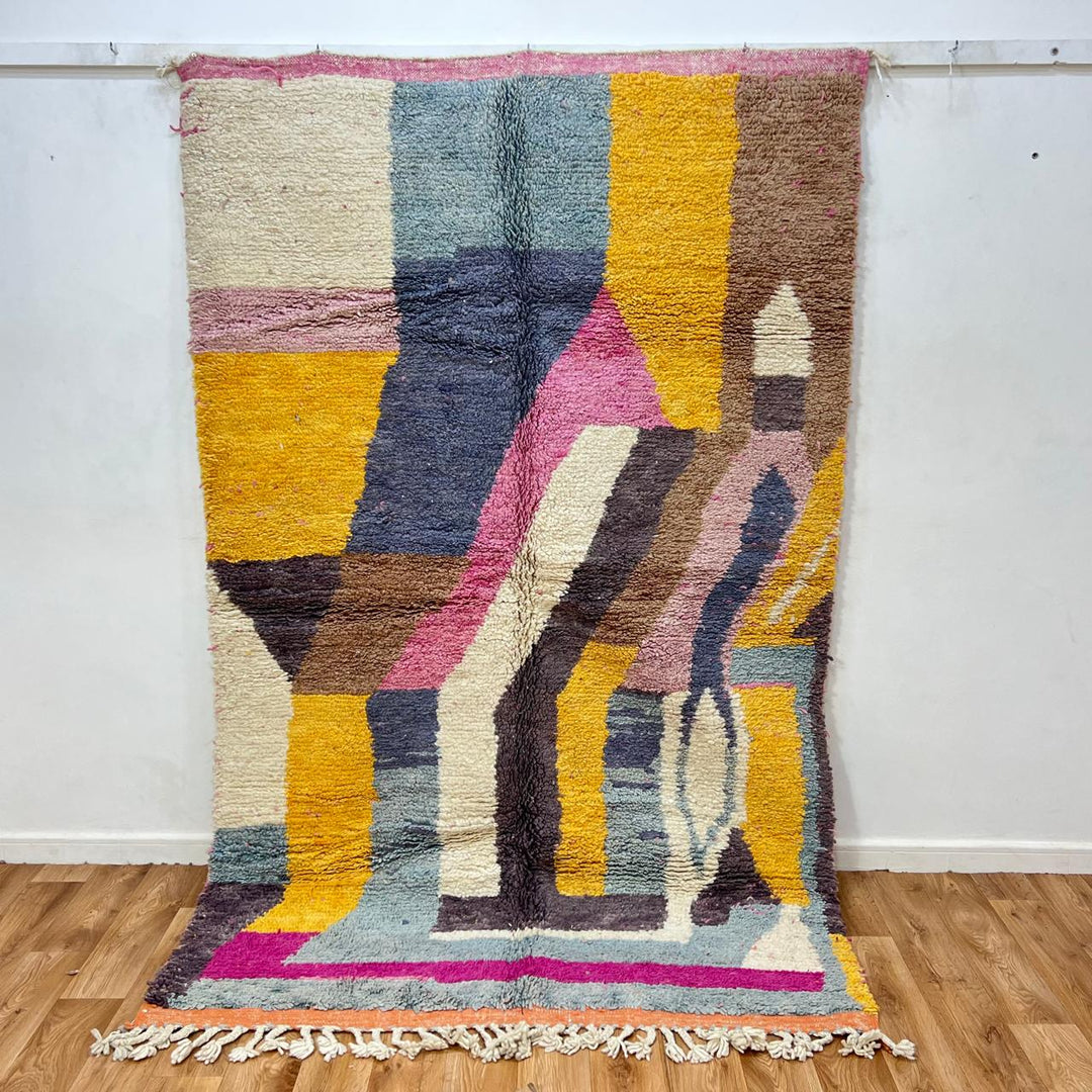 Vintage Moroccan Wool Rug 192 – handmade pink, yellow, and brown abstract Moroccan wool rug (241 × 157 cm).