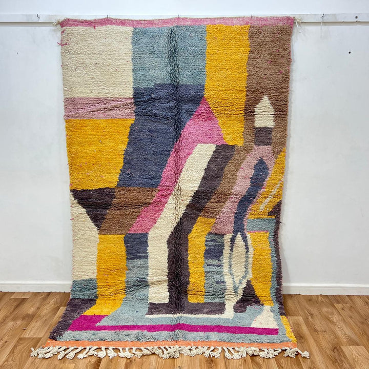 Vintage Moroccan Wool Rug 192 – handmade pink, yellow, and brown abstract Moroccan wool rug (241 × 157 cm).