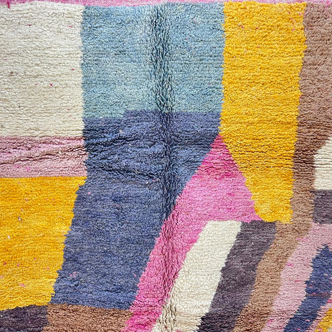 Vintage Moroccan Wool Rug 192 – handmade pink, yellow, and brown abstract Moroccan wool rug (241 × 157 cm).