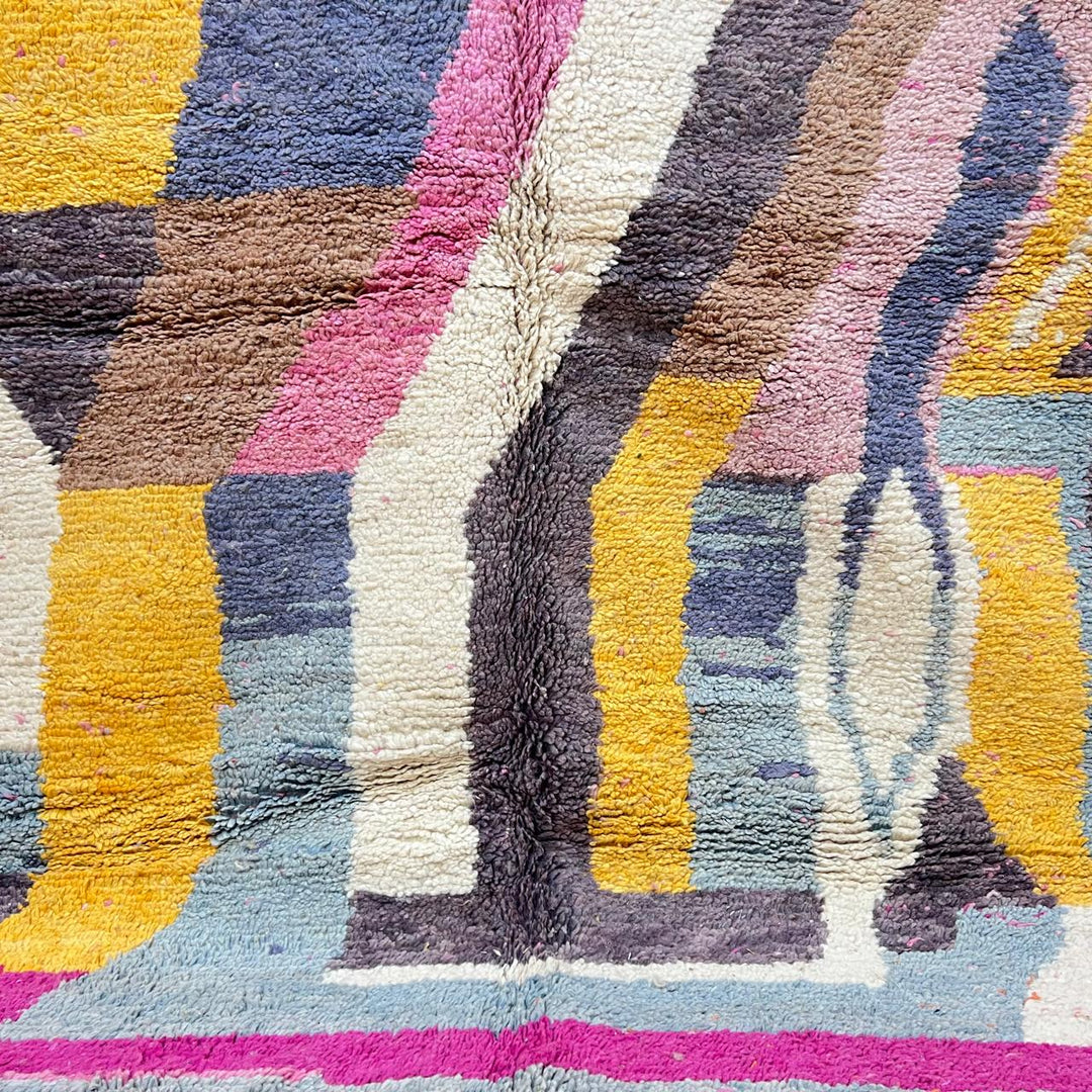Vintage Moroccan Wool Rug 192 – handmade pink, yellow, and brown abstract Moroccan wool rug (241 × 157 cm).