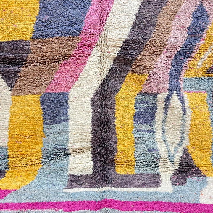Vintage Moroccan Wool Rug 192 – handmade pink, yellow, and brown abstract Moroccan wool rug (241 × 157 cm).
