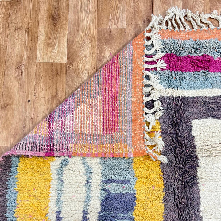 Vintage Moroccan Wool Rug 192 – handmade pink, yellow, and brown abstract Moroccan wool rug (241 × 157 cm).
