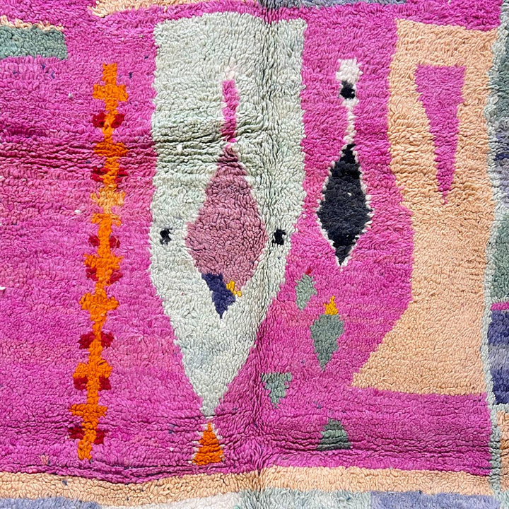 Vintage Moroccan Wool Rug 260 – handmade pink and green geometric Moroccan wool rug (233 × 156 cm).
