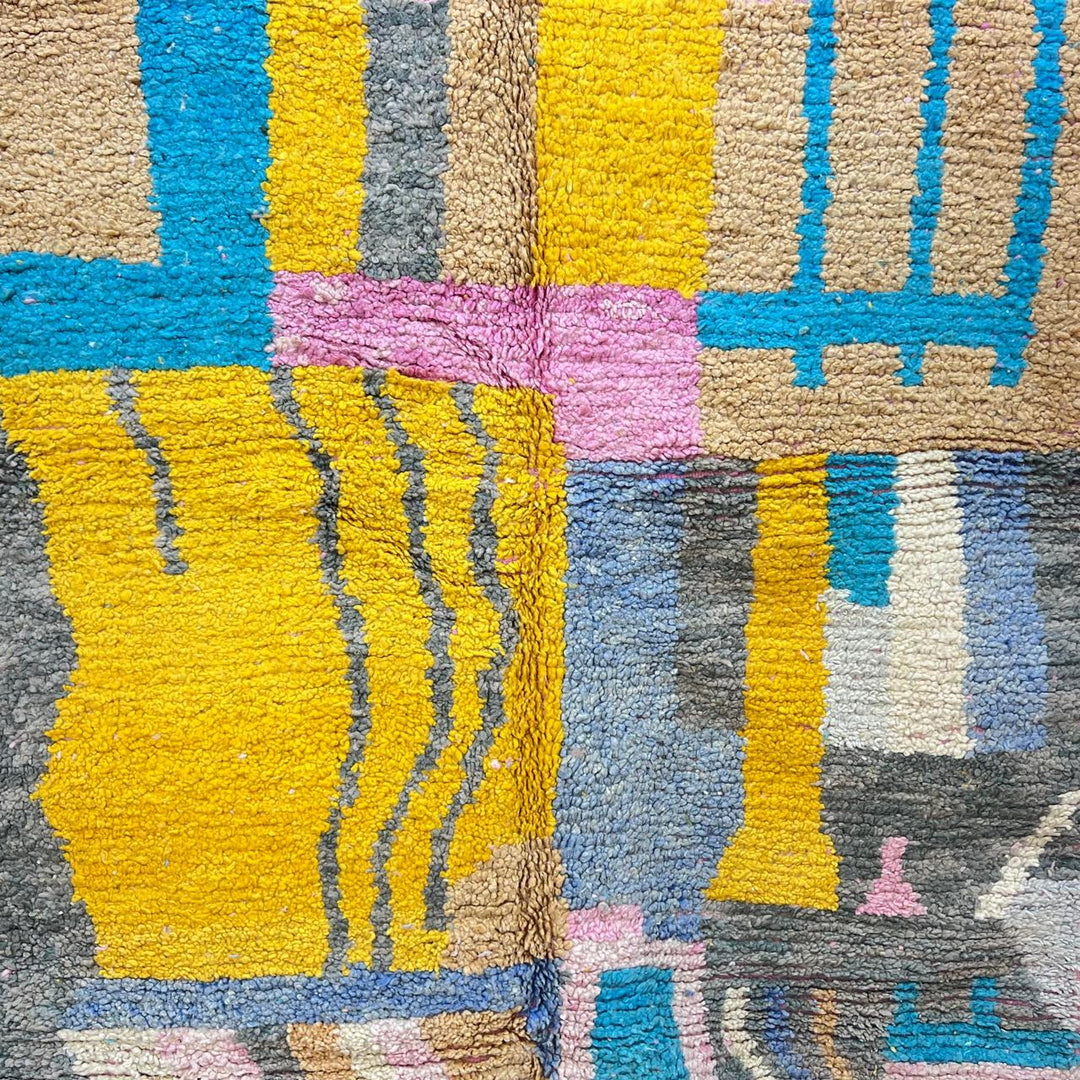Vintage Moroccan Wool Rug 232 – handmade yellow and blue abstract Moroccan wool rug (251 × 153 cm).