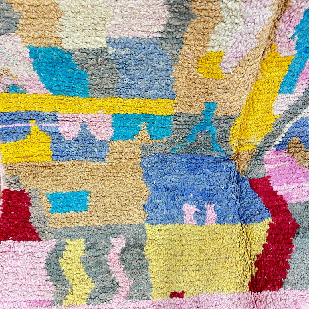 Vintage Moroccan Wool Rug 232 – handmade yellow and blue abstract Moroccan wool rug (251 × 153 cm).