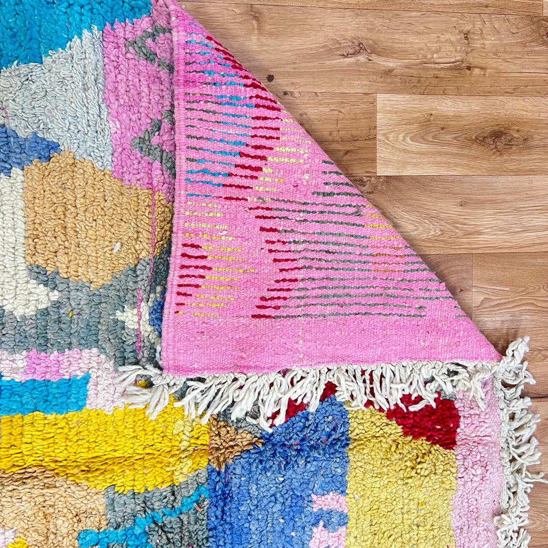 Vintage Moroccan Wool Rug 232 – handmade yellow and blue abstract Moroccan wool rug (251 × 153 cm).