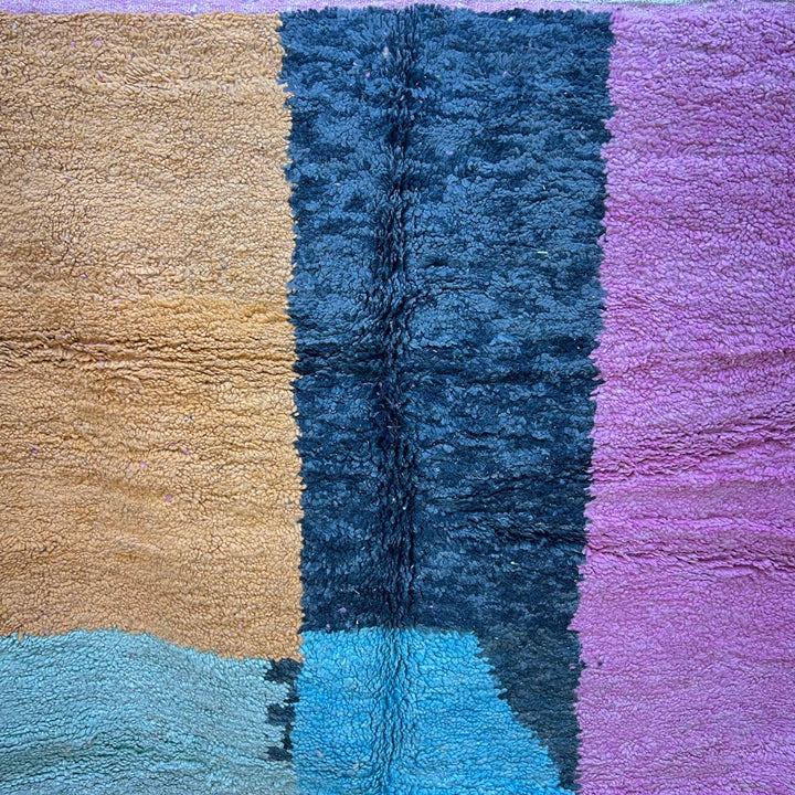 Vintage Moroccan Wool Rug 132 – handmade pink, yellow, and blue abstract Moroccan wool rug (255 × 150 cm).