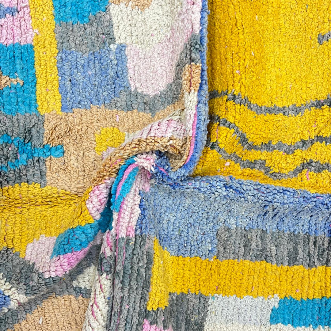 Vintage Moroccan Wool Rug 232 – handmade yellow and blue abstract Moroccan wool rug (251 × 153 cm).