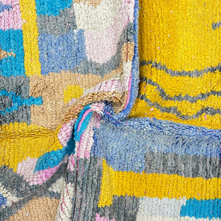 Vintage Moroccan Wool Rug 232 – handmade yellow and blue abstract Moroccan wool rug (251 × 153 cm).