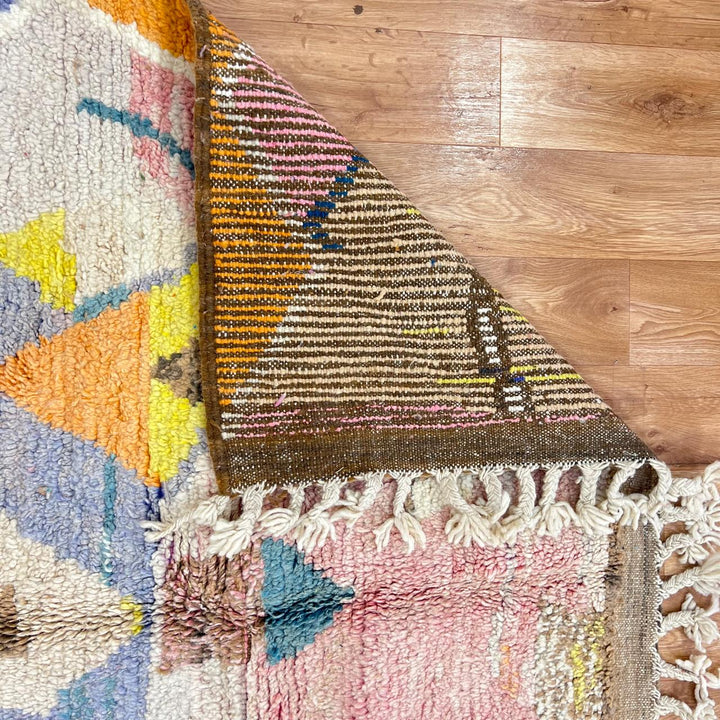 Vintage Moroccan Wool Rug 217 – handmade tribal geometric wool rug in blue, mustard, and orange tones (247 × 153 cm).