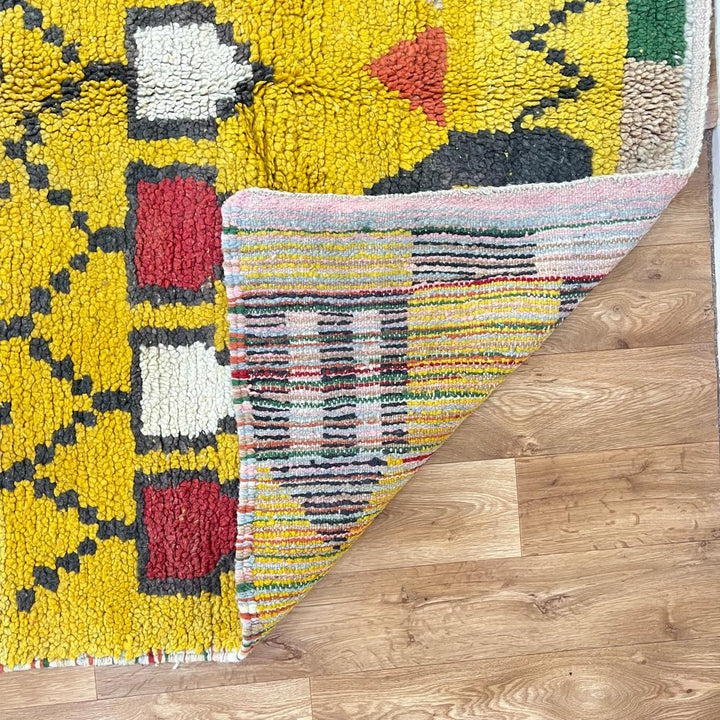 Vintage Moroccan Wool Rug 247 – handmade mustard yellow geometric Berber rug (258 × 157 cm).