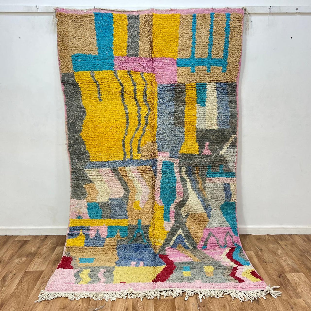 Vintage Moroccan Wool Rug 232 – handmade yellow and blue abstract Moroccan wool rug (251 × 153 cm).