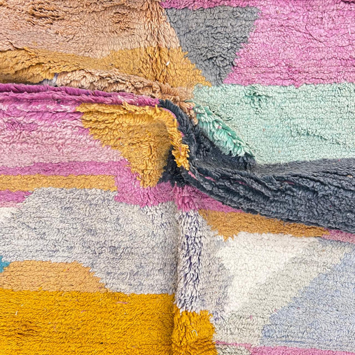Vintage Moroccan Wool Rug 248 – handmade pastel abstract Moroccan wool rug with pink, mustard, and mint tones (250 × 155 cm).