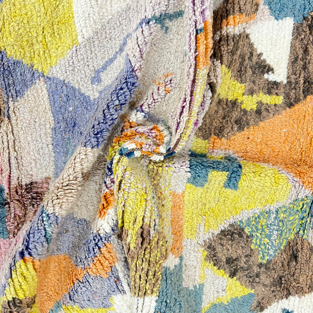 Vintage Moroccan Wool Rug 217 – handmade tribal geometric wool rug in blue, mustard, and orange tones (247 × 153 cm).