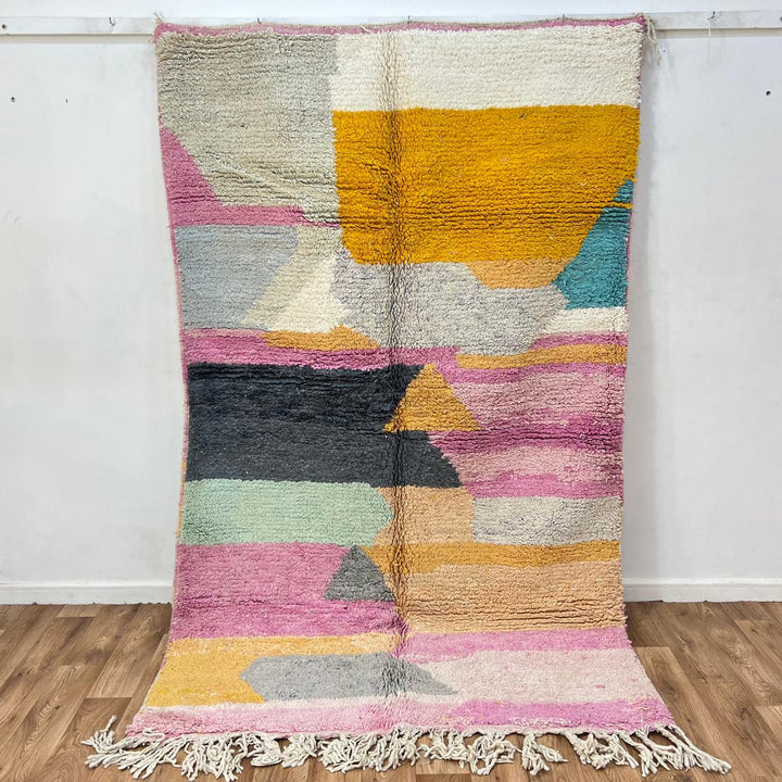 Vintage Moroccan Wool Rug 248 – handmade pastel abstract Moroccan wool rug with pink, mustard, and mint tones (250 × 155 cm).