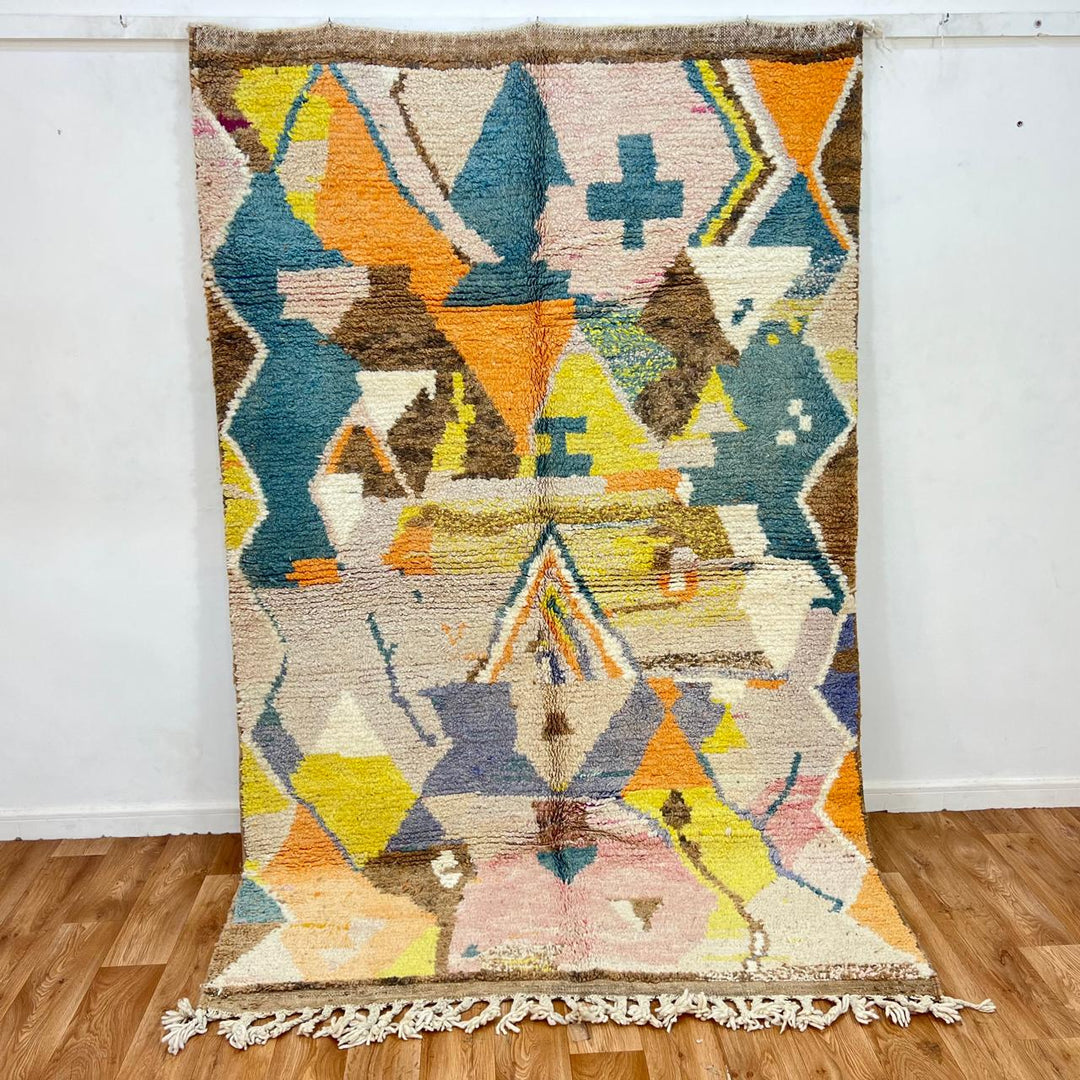 Vintage Moroccan Wool Rug 217 – handmade tribal geometric wool rug in blue, mustard, and orange tones (247 × 153 cm).