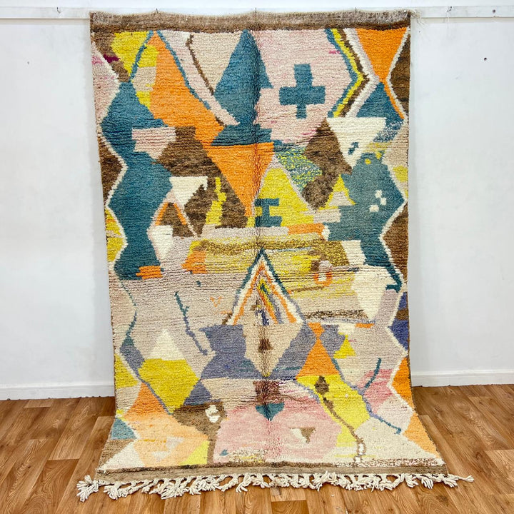 Vintage Moroccan Wool Rug 217 – handmade tribal geometric wool rug in blue, mustard, and orange tones (247 × 153 cm).