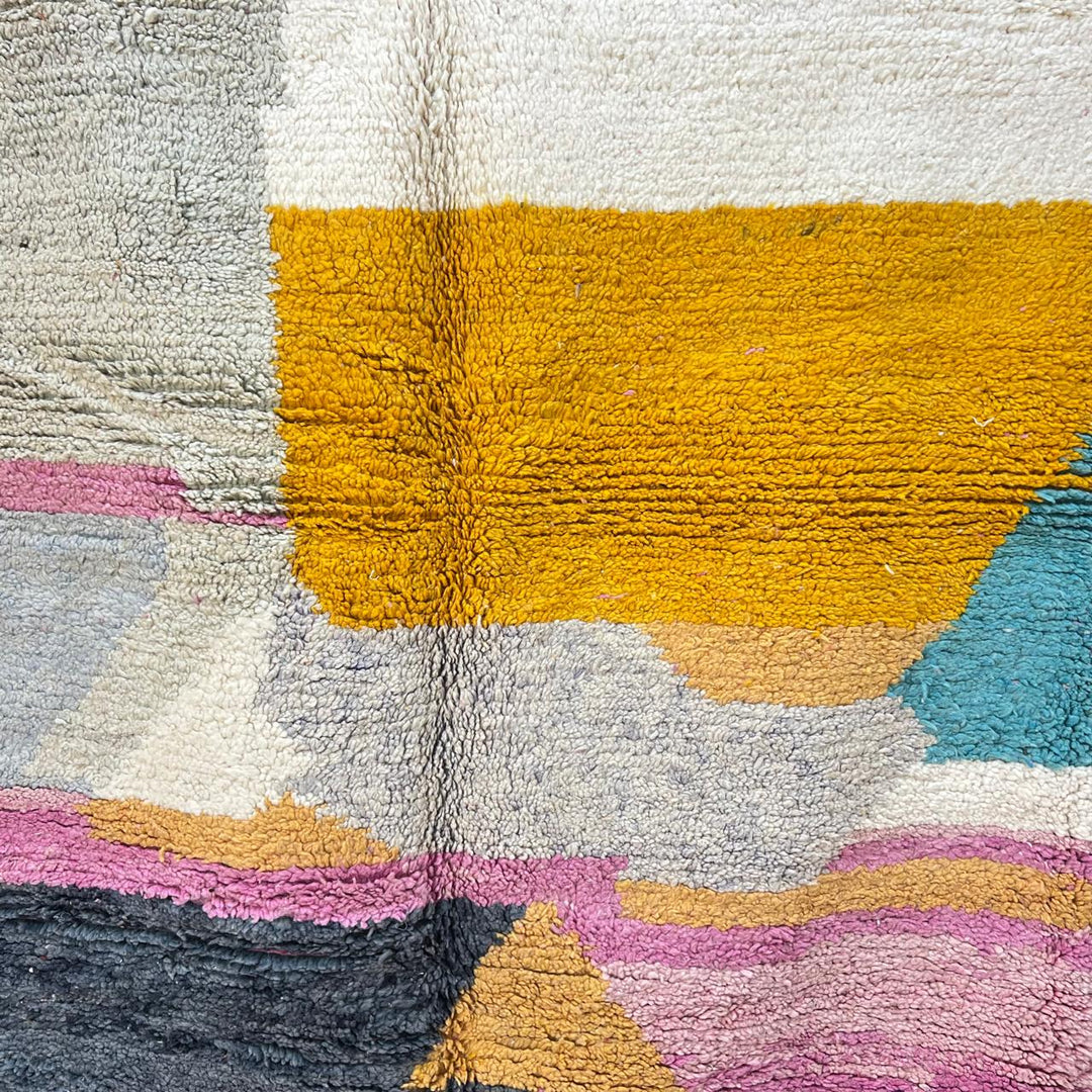 Vintage Moroccan Wool Rug 248 – handmade pastel abstract Moroccan wool rug with pink, mustard, and mint tones (250 × 155 cm).