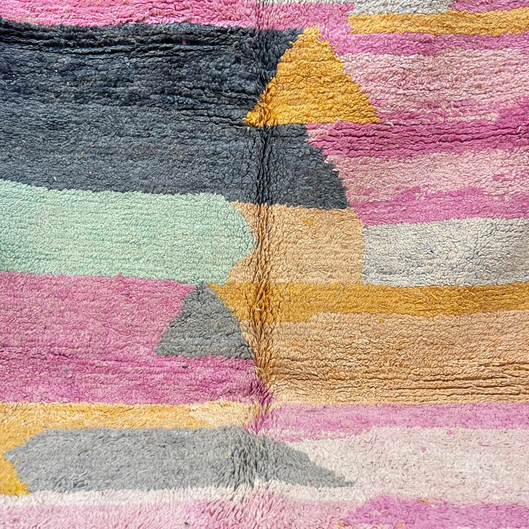 Vintage Moroccan Wool Rug 248 – handmade pastel abstract Moroccan wool rug with pink, mustard, and mint tones (250 × 155 cm).