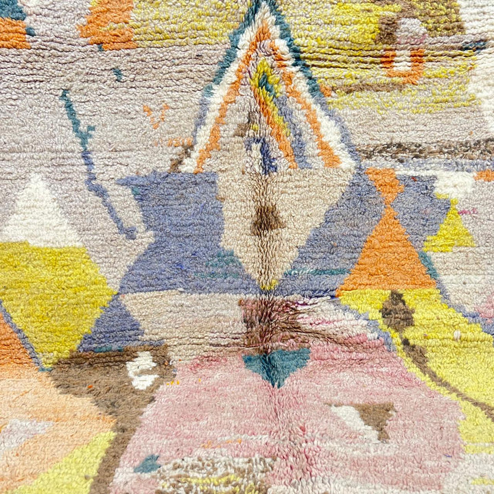 Vintage Moroccan Wool Rug 217 – handmade tribal geometric wool rug in blue, mustard, and orange tones (247 × 153 cm).