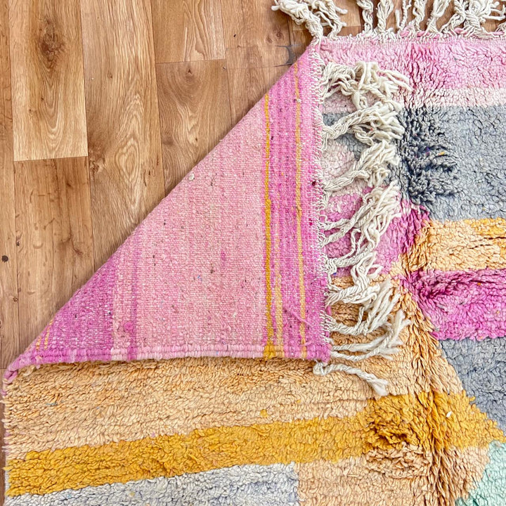 Vintage Moroccan Wool Rug 248 – handmade pastel abstract Moroccan wool rug with pink, mustard, and mint tones (250 × 155 cm).
