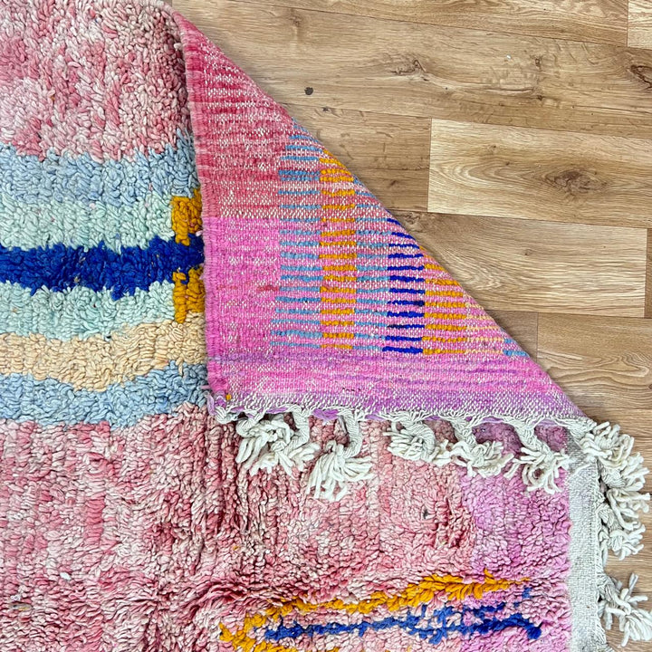 Vintage Moroccan Wool Rug 164 – handmade pink and yellow abstract Moroccan wool rug (256 × 165 cm).