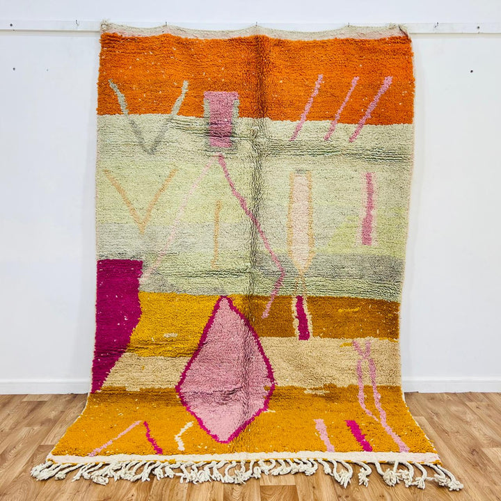 Vintage Moroccan wool rug 367 – handmade orange pink abstract Berber wool carpet 266 × 165 cm (8.72 × 5.41 ft).