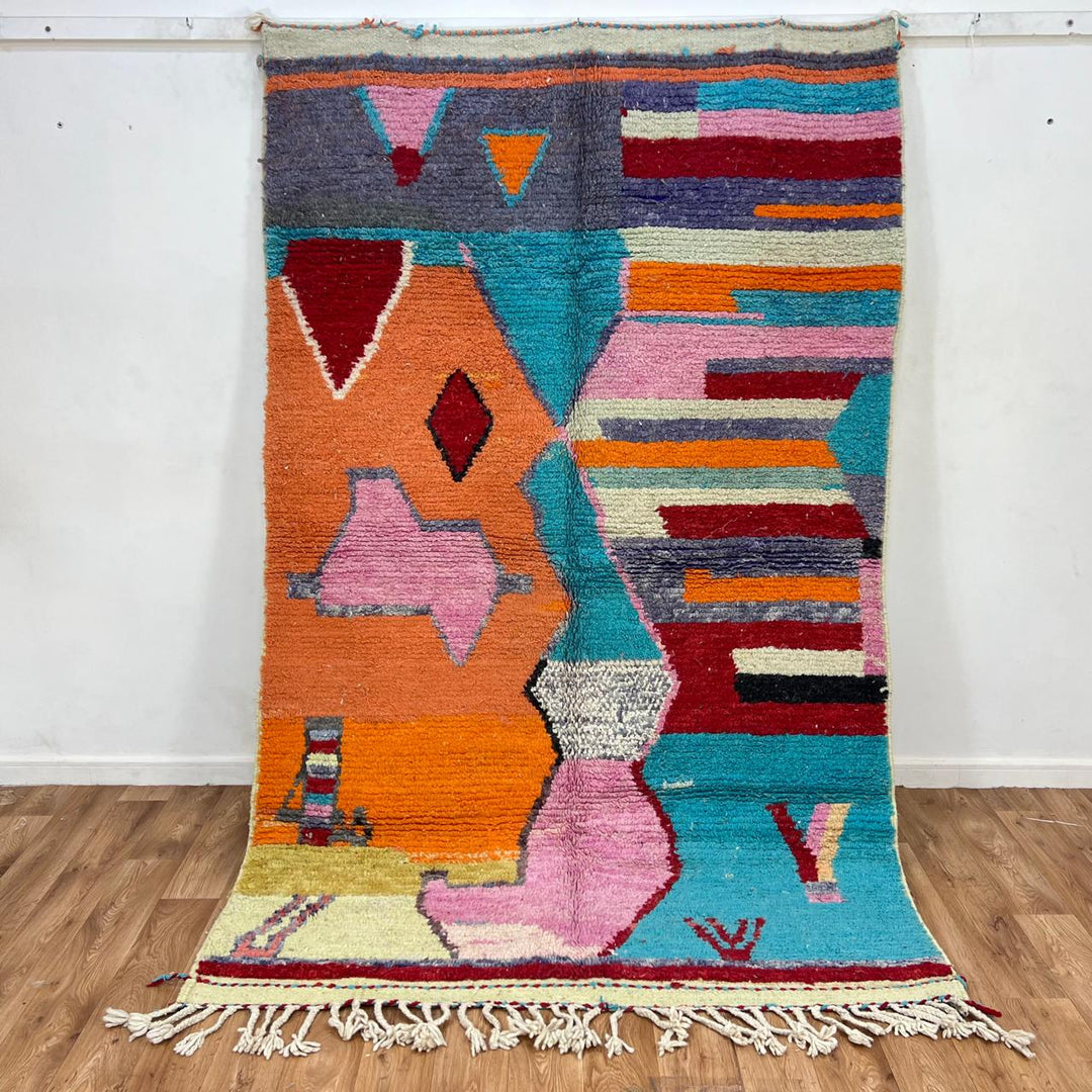 Vintage Moroccan wool rug 742 – handmade colorful geometric Berber wool carpet 255 × 161 cm (8.36 × 5.28 ft).