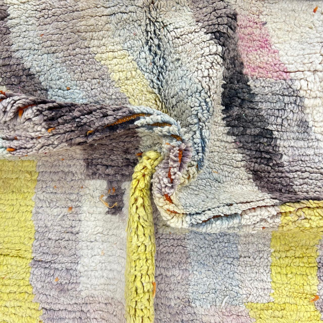 Vintage Moroccan wool rug 769 – handmade beige and yellow wavy abstract Berber wool carpet 241 × 145 cm (7.9 × 4.75 ft).