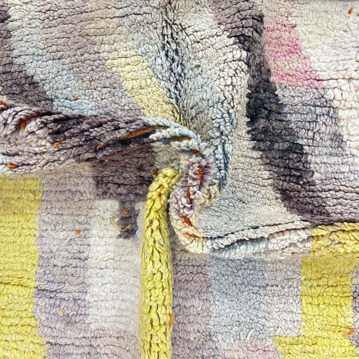 Vintage Moroccan wool rug 769 – handmade beige and yellow wavy abstract Berber wool carpet 241 × 145 cm (7.9 × 4.75 ft).