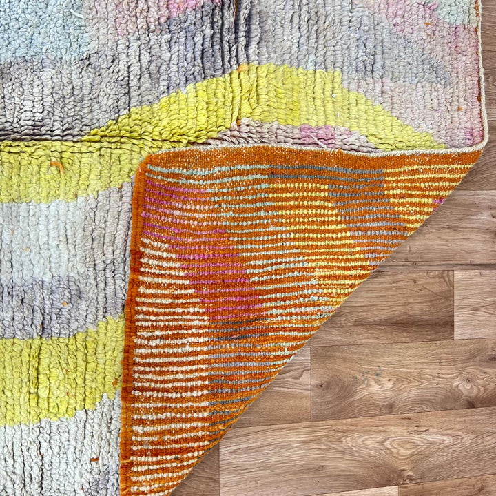 Vintage Moroccan wool rug 769 – handmade beige and yellow wavy abstract Berber wool carpet 241 × 145 cm (7.9 × 4.75 ft).