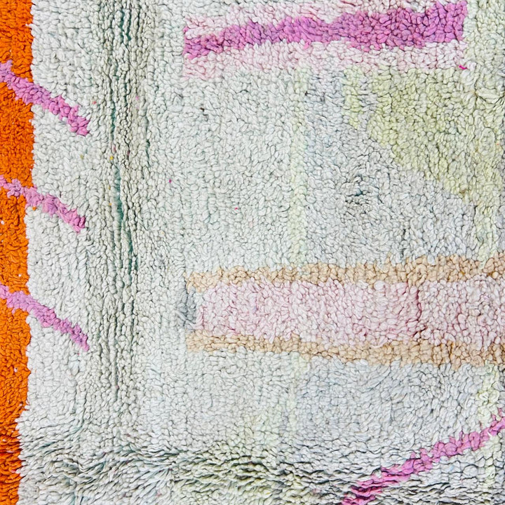 Vintage Moroccan wool rug 367 – handmade orange pink abstract Berber wool carpet 266 × 165 cm (8.72 × 5.41 ft).
