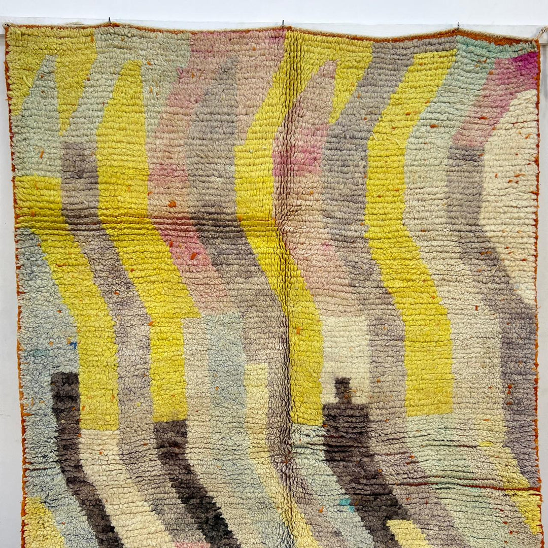Vintage Moroccan wool rug 769 – handmade beige and yellow wavy abstract Berber wool carpet 241 × 145 cm (7.9 × 4.75 ft).