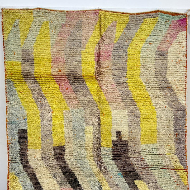 Vintage Moroccan wool rug 769 – handmade beige and yellow wavy abstract Berber wool carpet 241 × 145 cm (7.9 × 4.75 ft).