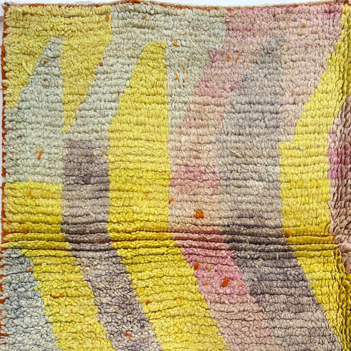 Vintage Moroccan wool rug 769 – handmade beige and yellow wavy abstract Berber wool carpet 241 × 145 cm (7.9 × 4.75 ft).