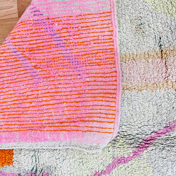 Vintage Moroccan wool rug 367 – handmade orange pink abstract Berber wool carpet 266 × 165 cm (8.72 × 5.41 ft).