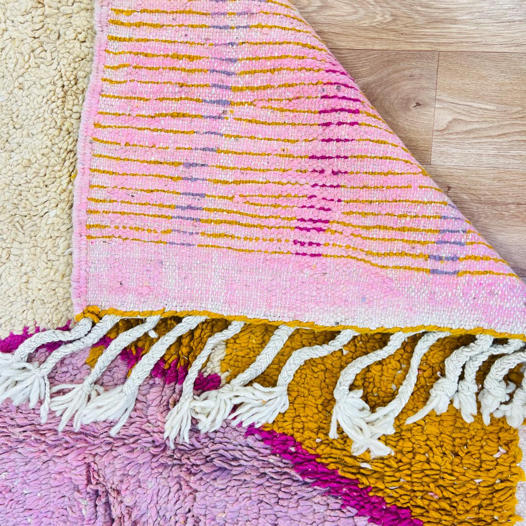 Vintage Moroccan wool rug 367 – handmade orange pink abstract Berber wool carpet 266 × 165 cm (8.72 × 5.41 ft).