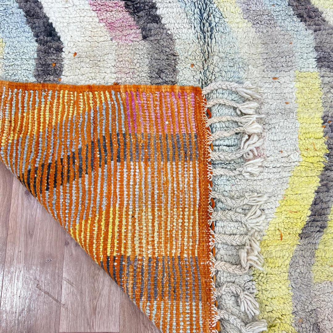 Vintage Moroccan wool rug 769 – handmade beige and yellow wavy abstract Berber wool carpet 241 × 145 cm (7.9 × 4.75 ft).