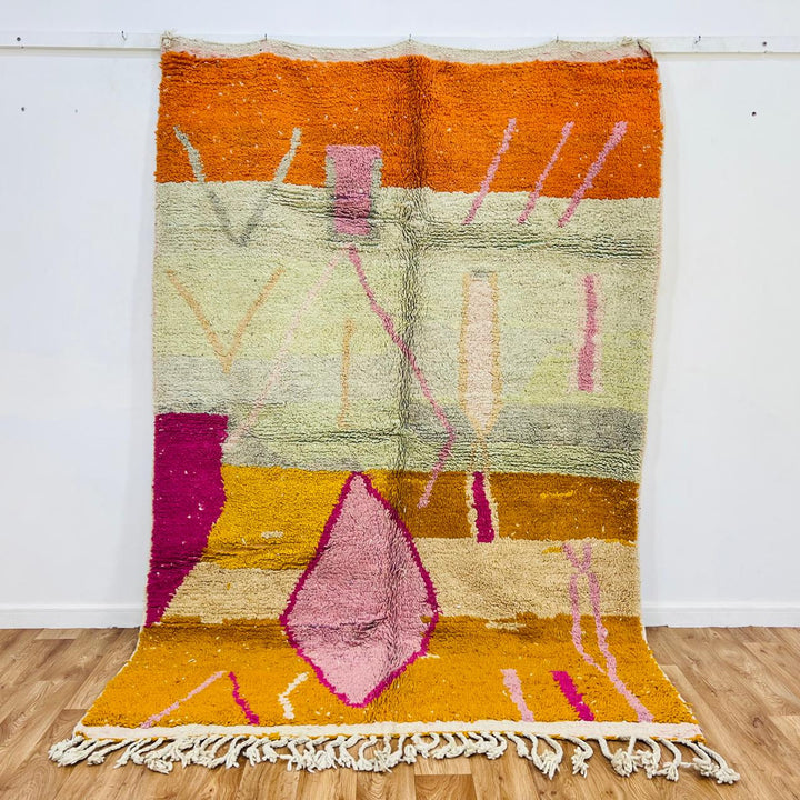 Vintage Moroccan wool rug 367 – handmade orange pink abstract Berber wool carpet 266 × 165 cm (8.72 × 5.41 ft).