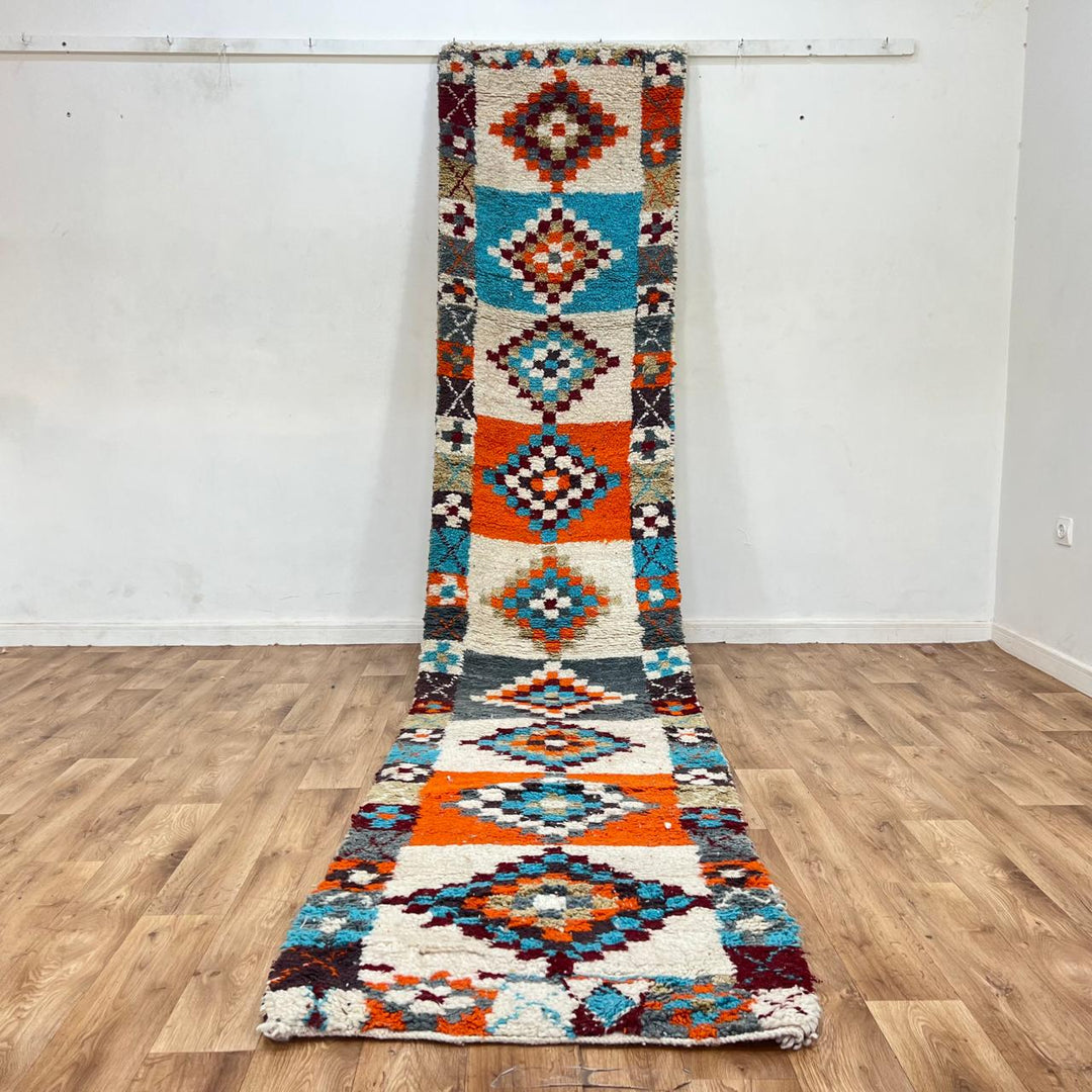 Vintage Moroccan runner rug with colorful Berber diamond patterns, handmade from natural wool, size 381 x 81 cm