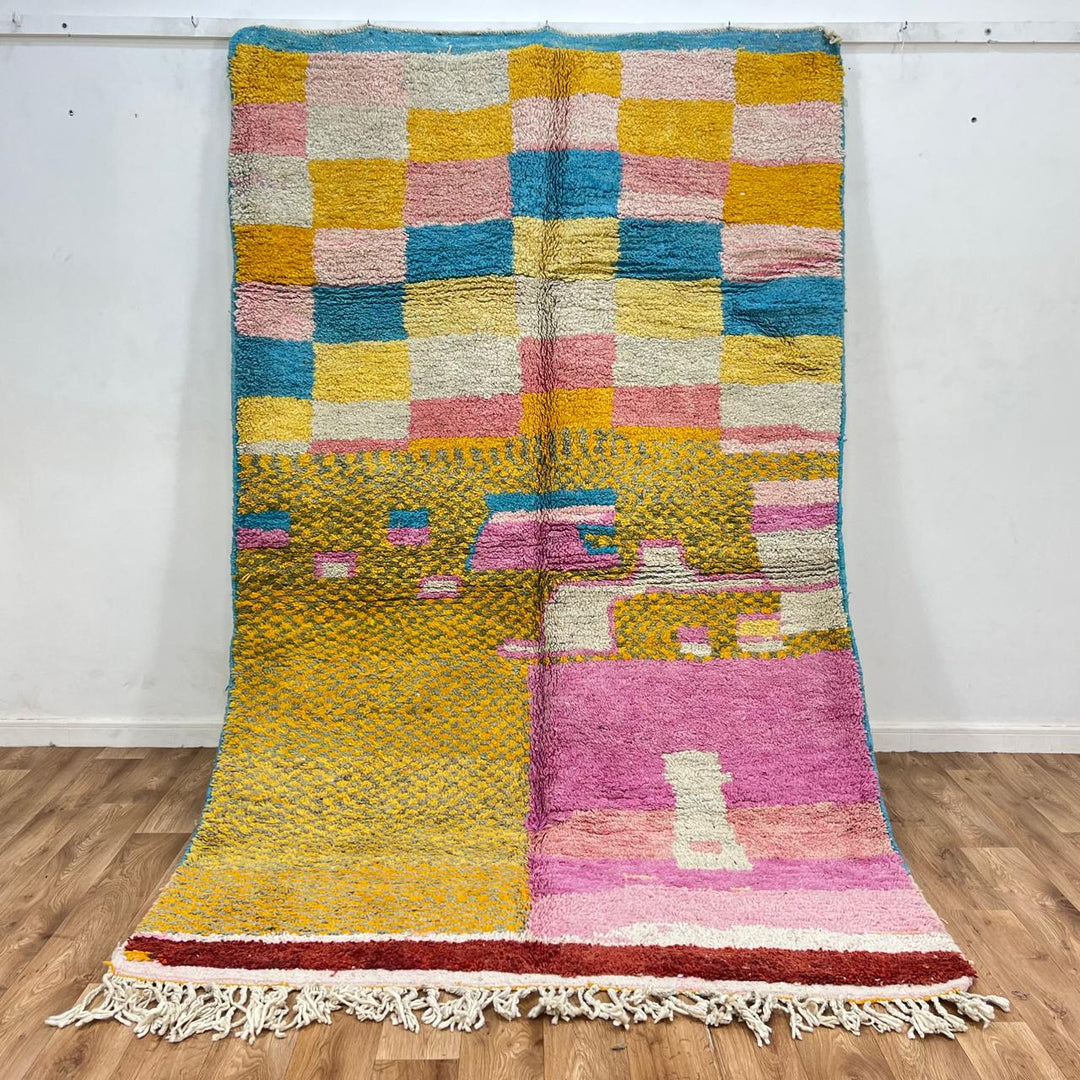 Vintage Moroccan wool rug with colorful checkered pattern in mustard yellow, blush pink, sky blue and ivory