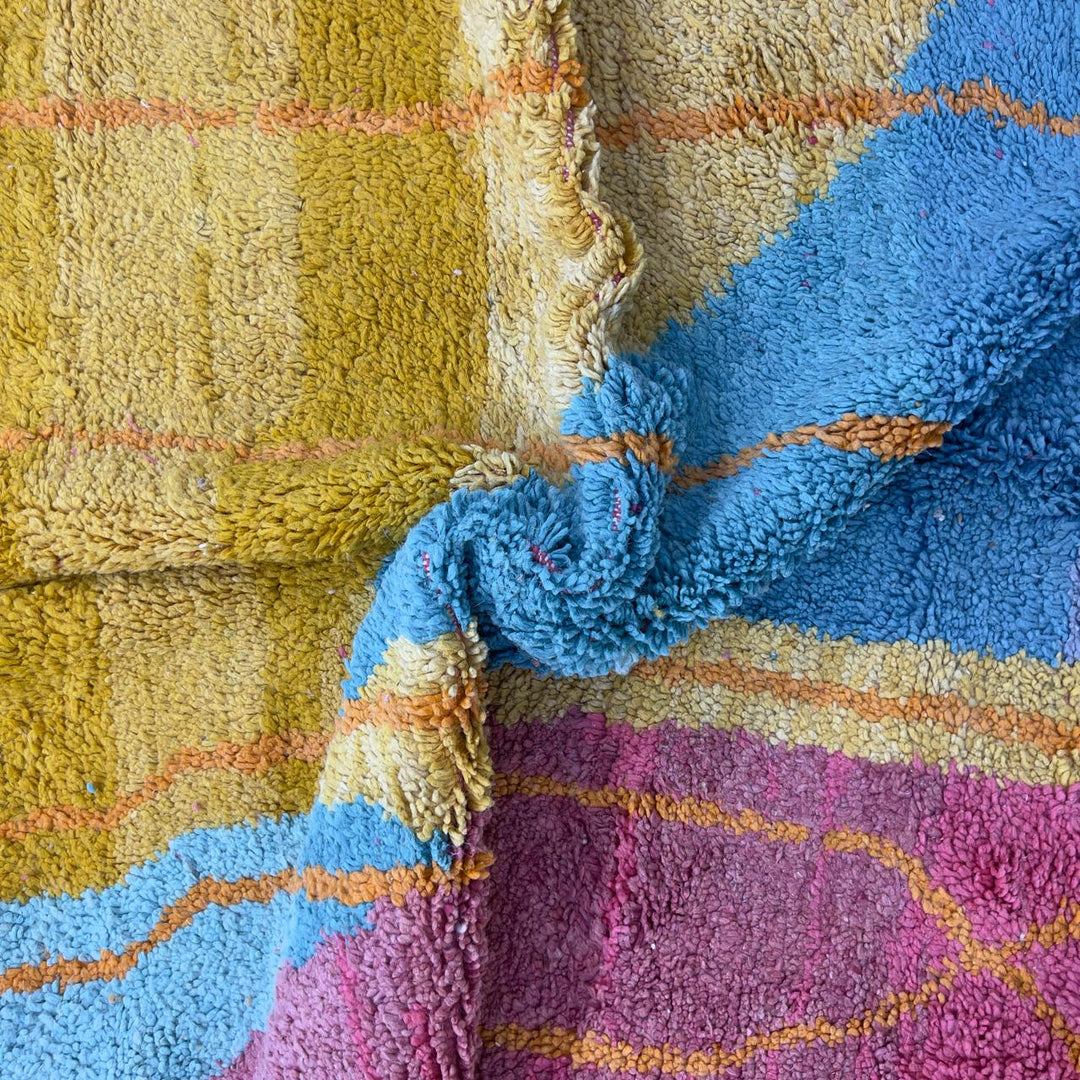 Vintage Moroccan wool rug 7.35x5.41 ft, handmade Berber shag rug with abstract geometric design in mustard yellow, pink and turquoise tones