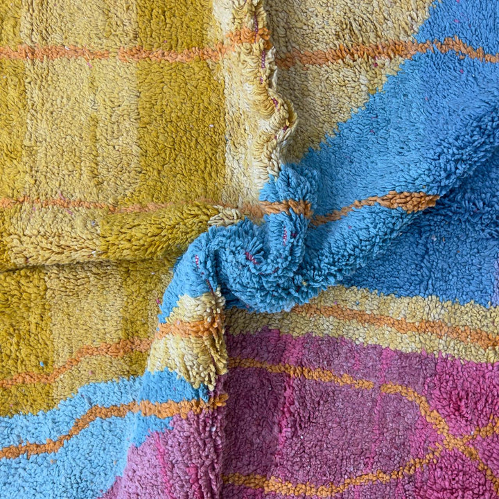 Vintage Moroccan wool rug 7.35x5.41 ft, handmade Berber shag rug with abstract geometric design in mustard yellow, pink and turquoise tones
