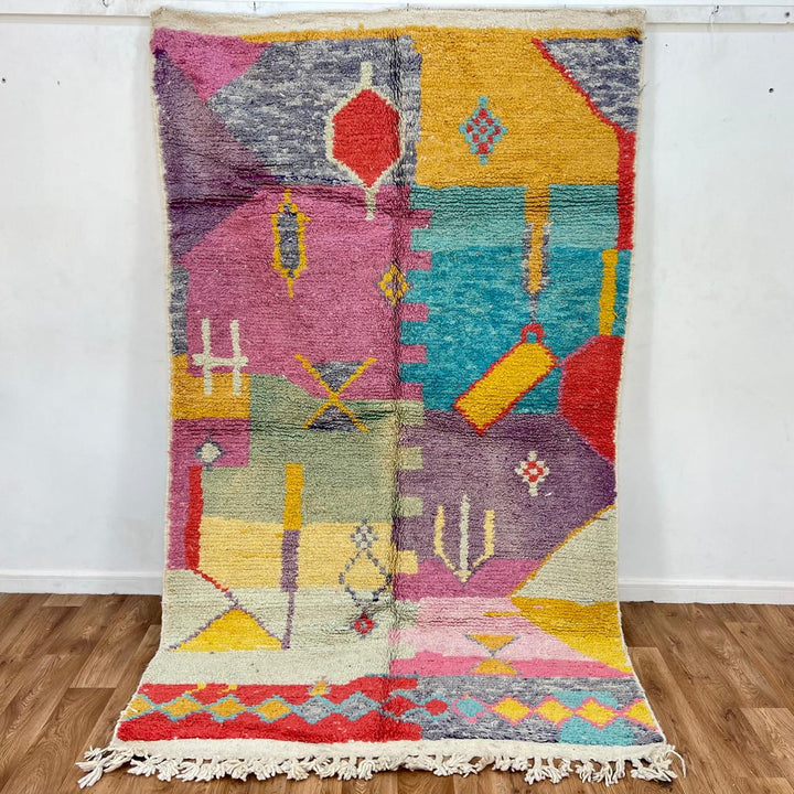Vintage Moroccan wool rug with colorful Berber geometric patterns, handmade abstract area rug