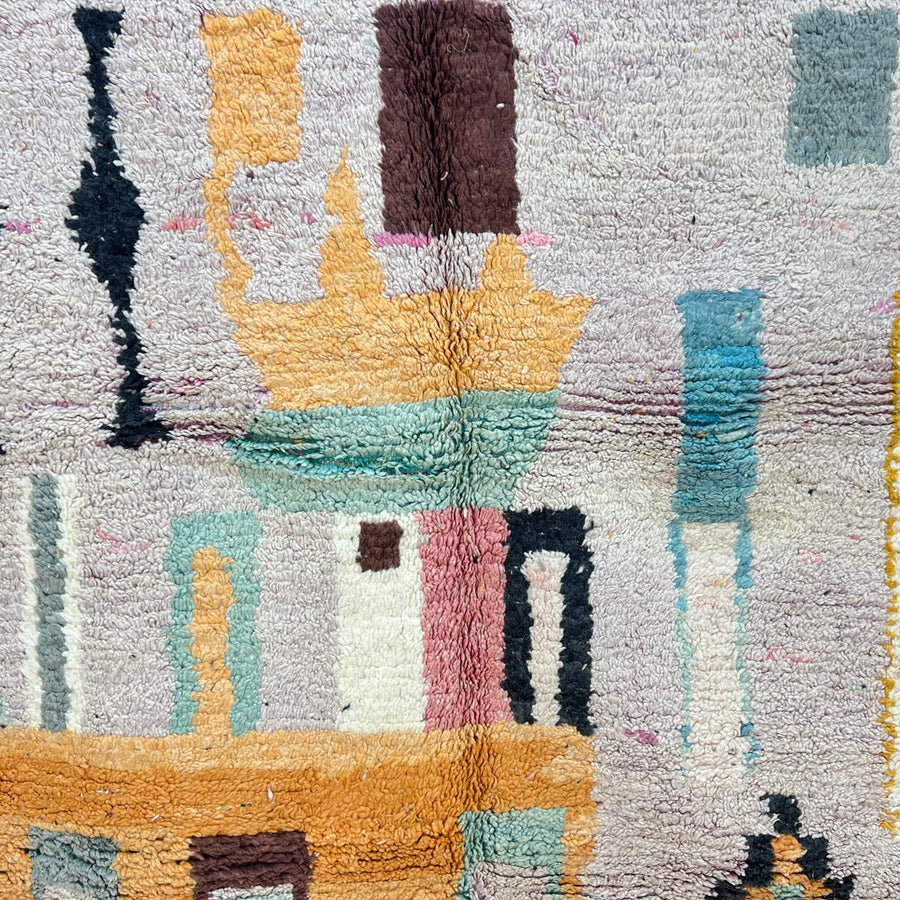 Vintage Moroccan Berber rug with architectural abstract geometric design in ochre and pink wool