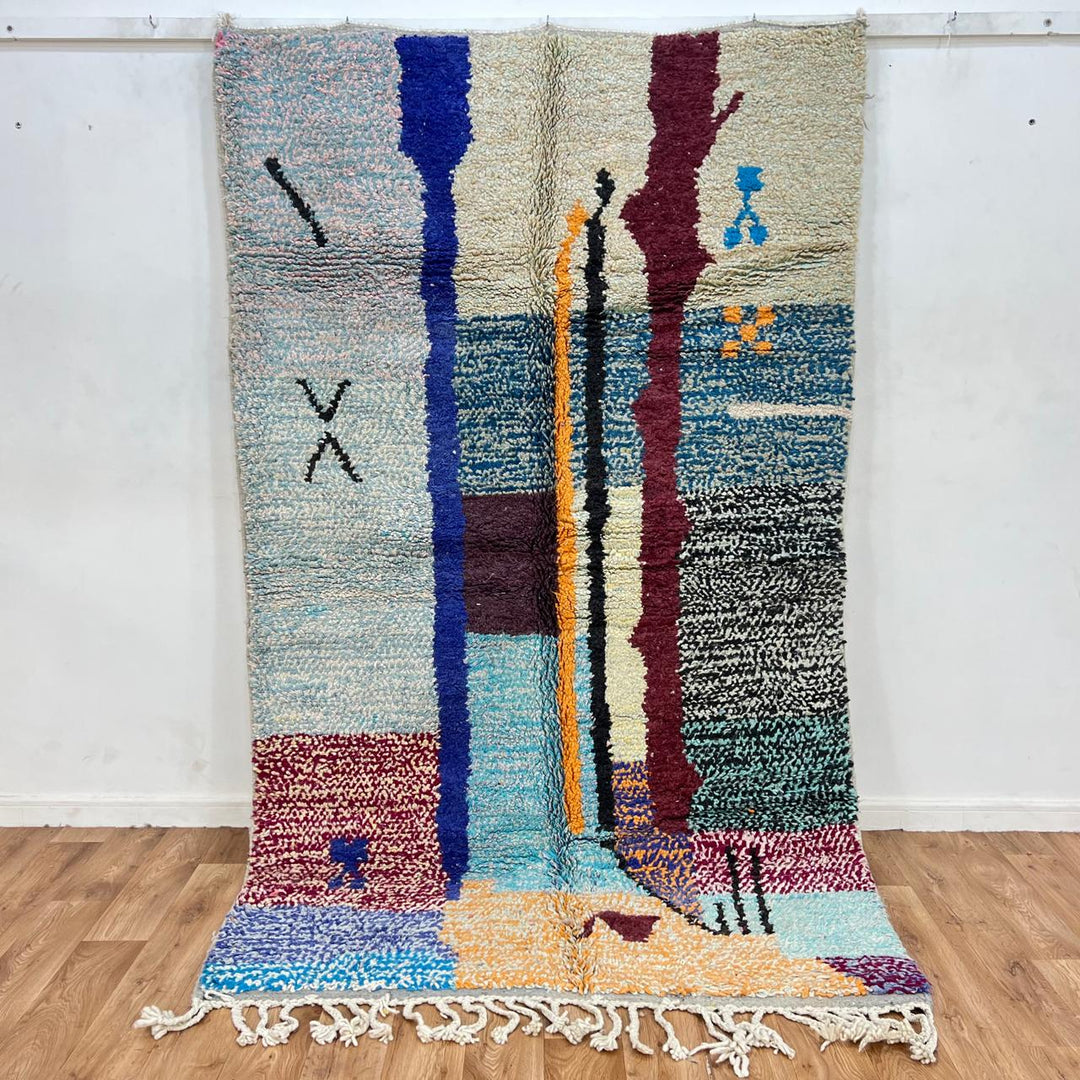 Vintage Moroccan wool rug with abstract vertical stripes in blue, burgundy, cream, and mustard tones