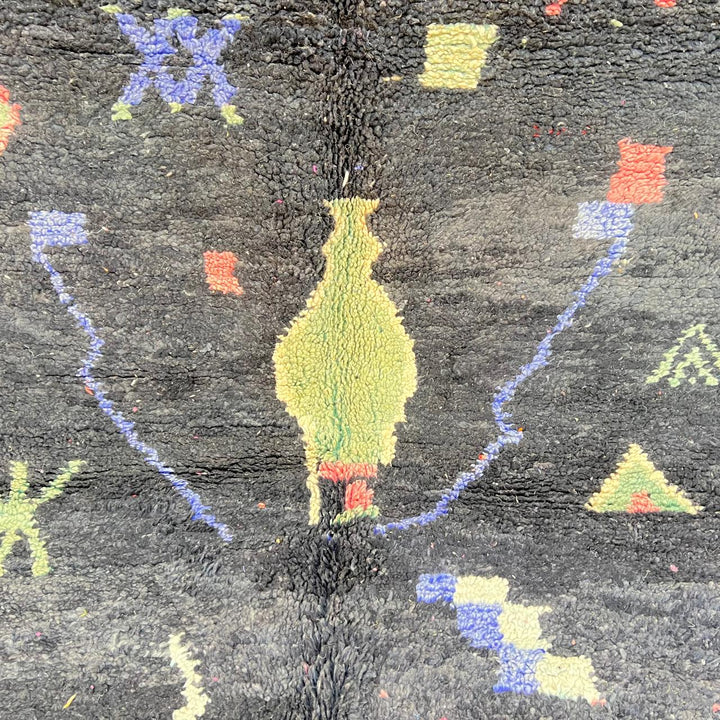 Vintage black Moroccan Berber rug with colorful tribal symbols 270x165 cm