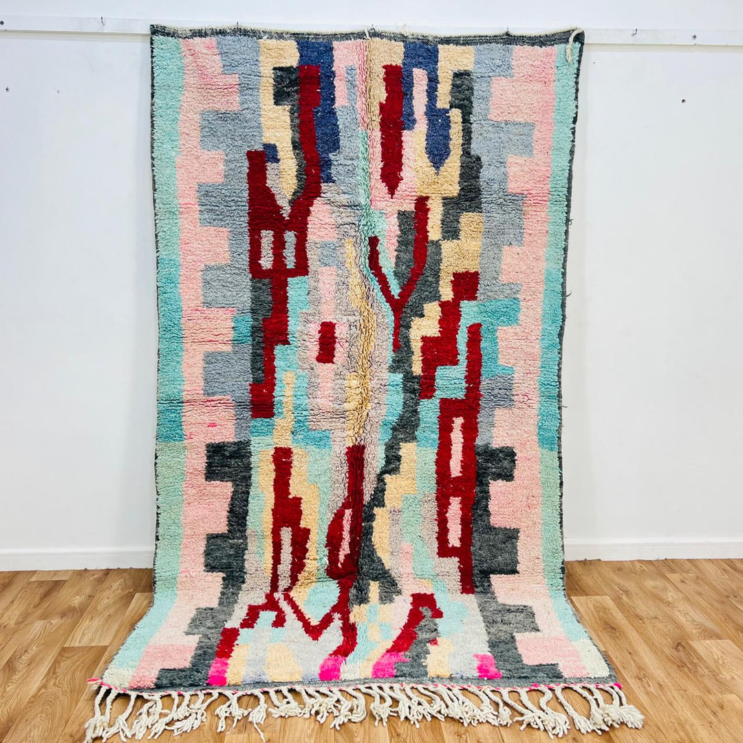 Vintage Moroccan rug handmade from colorful Berber wool with geometric tribal design, 257x153 cm