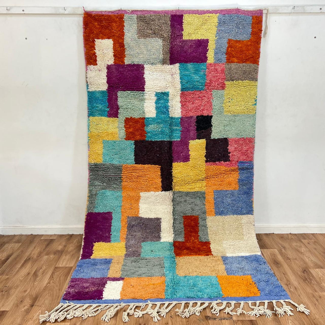 Vintage Moroccan wool rug with geometric color block design, 270x150 cm